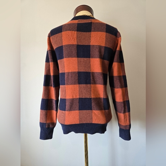 ASPEN Plaid V-Neck Cotton Cardigan Sweater -Burnt Orange and Navy. Size Small - Picture 4 of 10